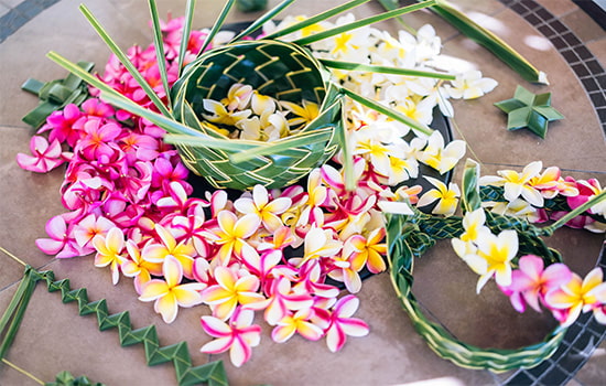 Close up view of handmade leis.