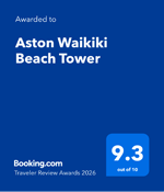 Booking.com Traveler Review Awards 2026 awarded to Aston Waikiki Beach Tower - 9.3 out of 10.
