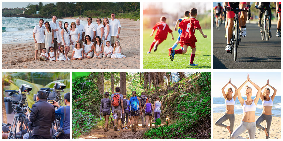 Collage of people in various sport and group activities.