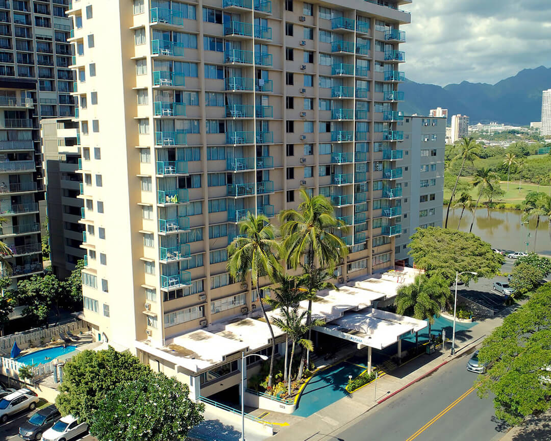 Exterior view of Aqua Aloha Surf Waikiki building.