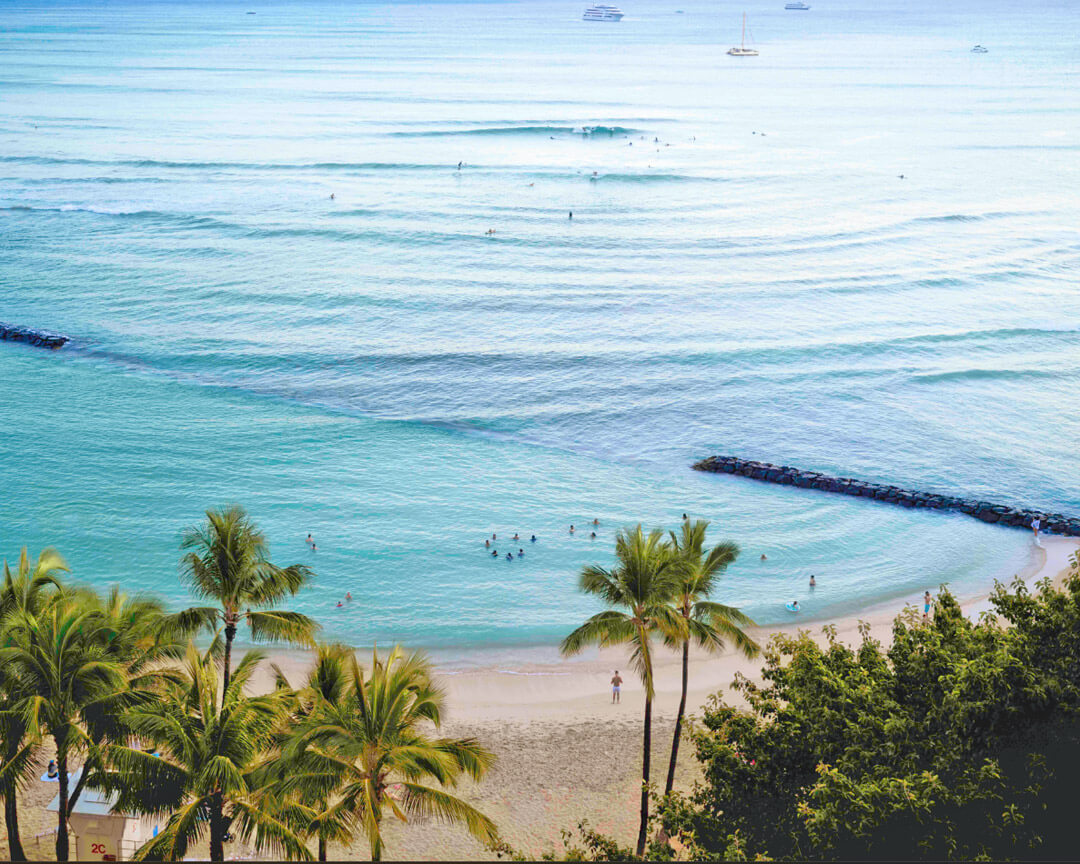 View of Waikiki Beach from balcony.