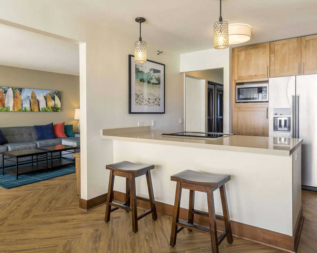 Full kitchen and living area.