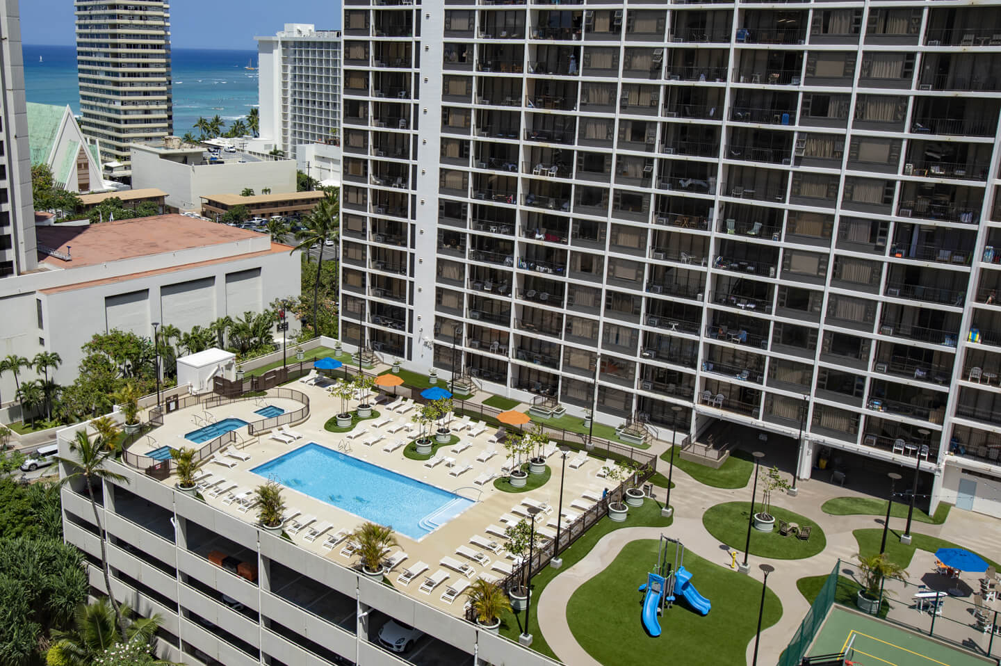 Aerial view of Aston Waikiki Banyan's recreation deck