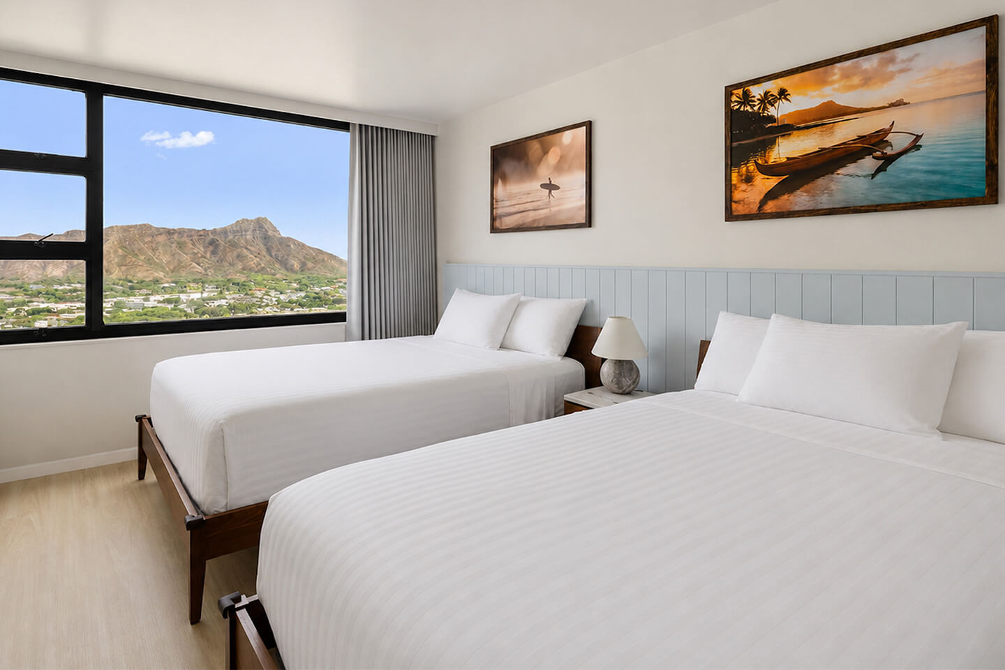 Bedroom with two queens and view of Diamond Head.