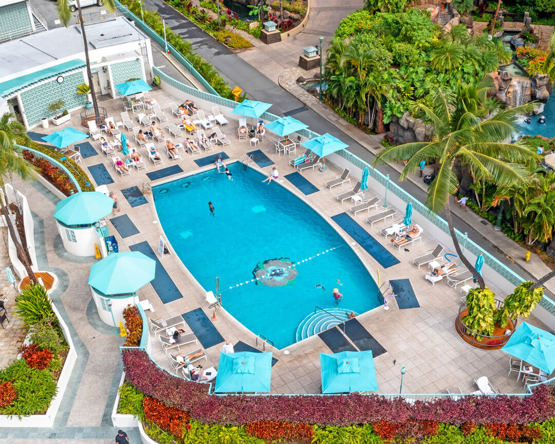 Overhead view of swimming pool and sundeck.