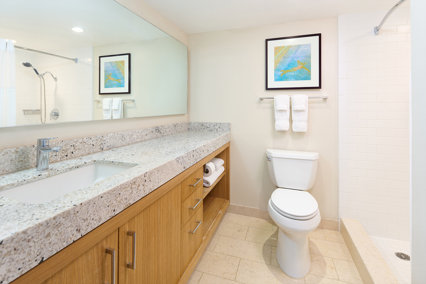 Bathroom with shorer, toilet, sink, counter space