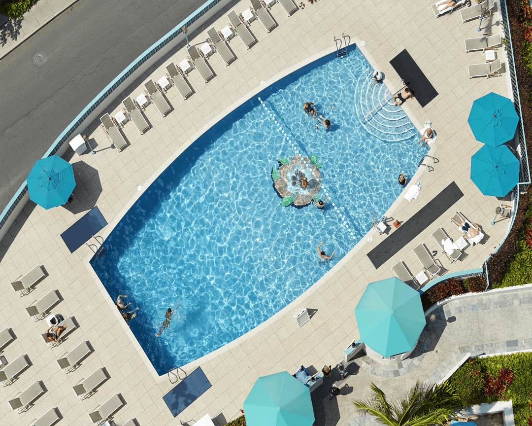 Overhead view of swimming pool and sundeck.