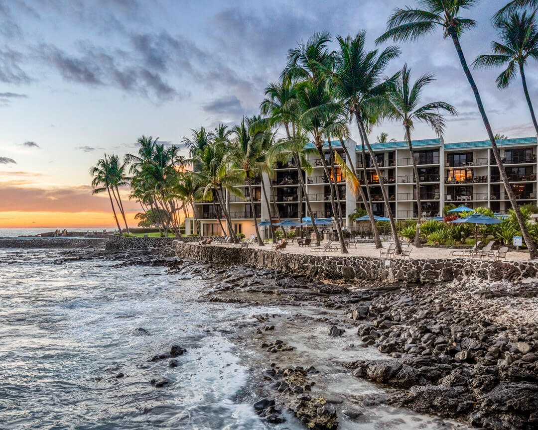 View of ocean shoreline at Aston Kona by the Sea. 