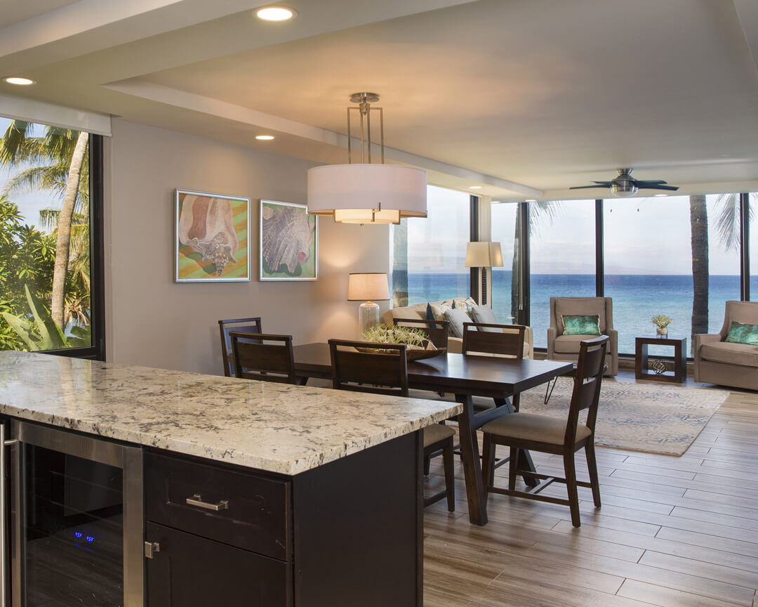 Kitchen and living area with ocean view.