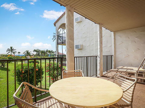 Balcony with table, chairs, garden view
