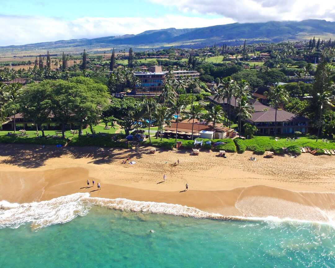 Aerial view of Aston Maui Kaanapali Villas situated directly on the beach.