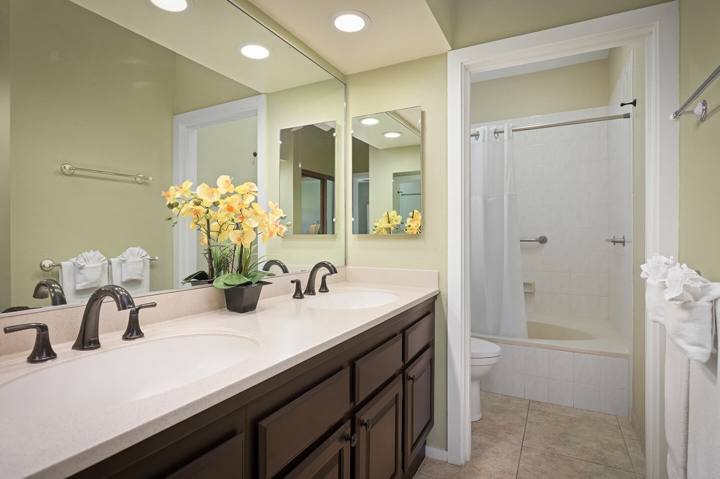 Bathroom with counters, 2 sinks, toilet, shower, bathtub.