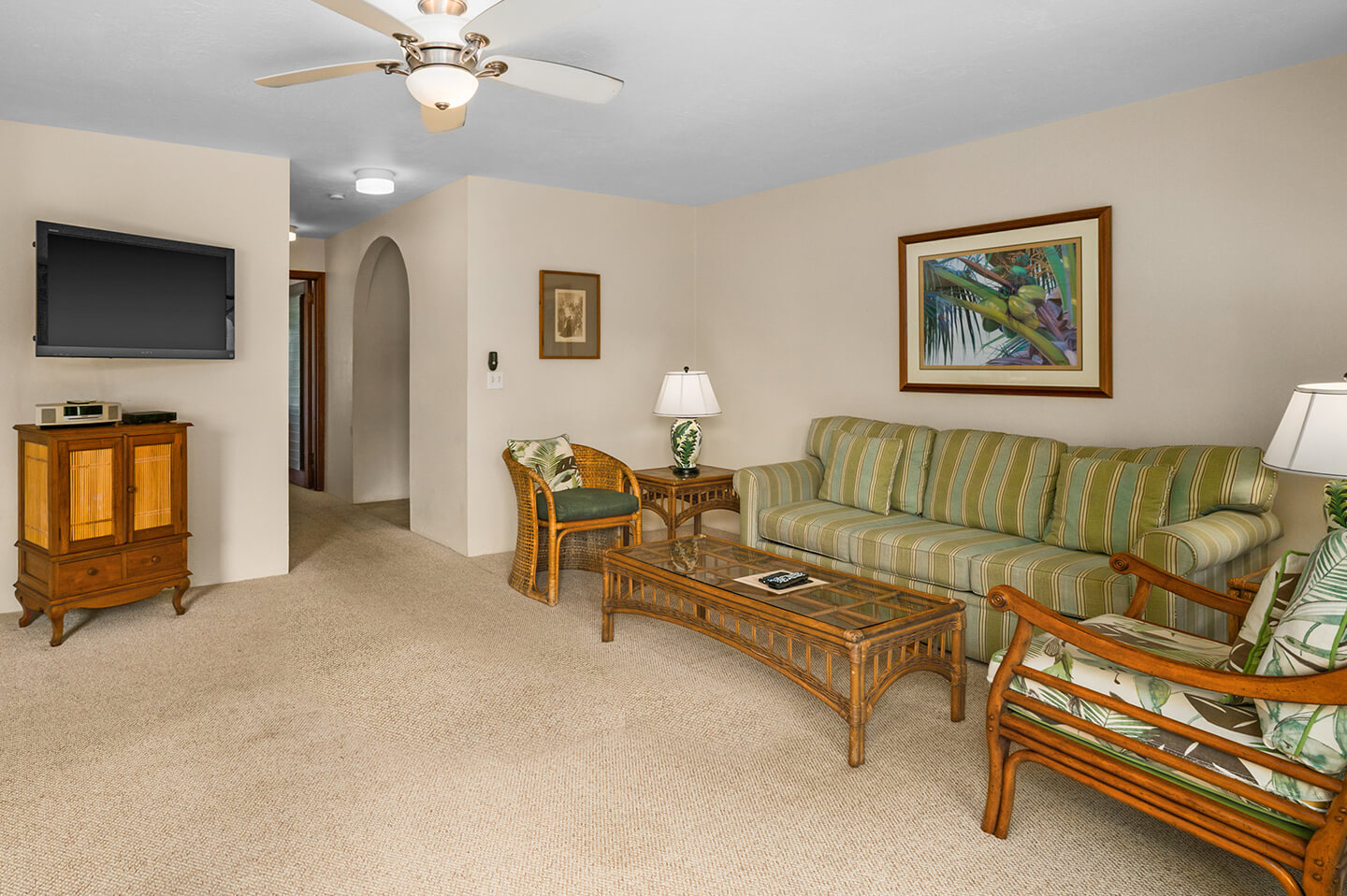 Living area with couch, coffee table, lamps, TV.